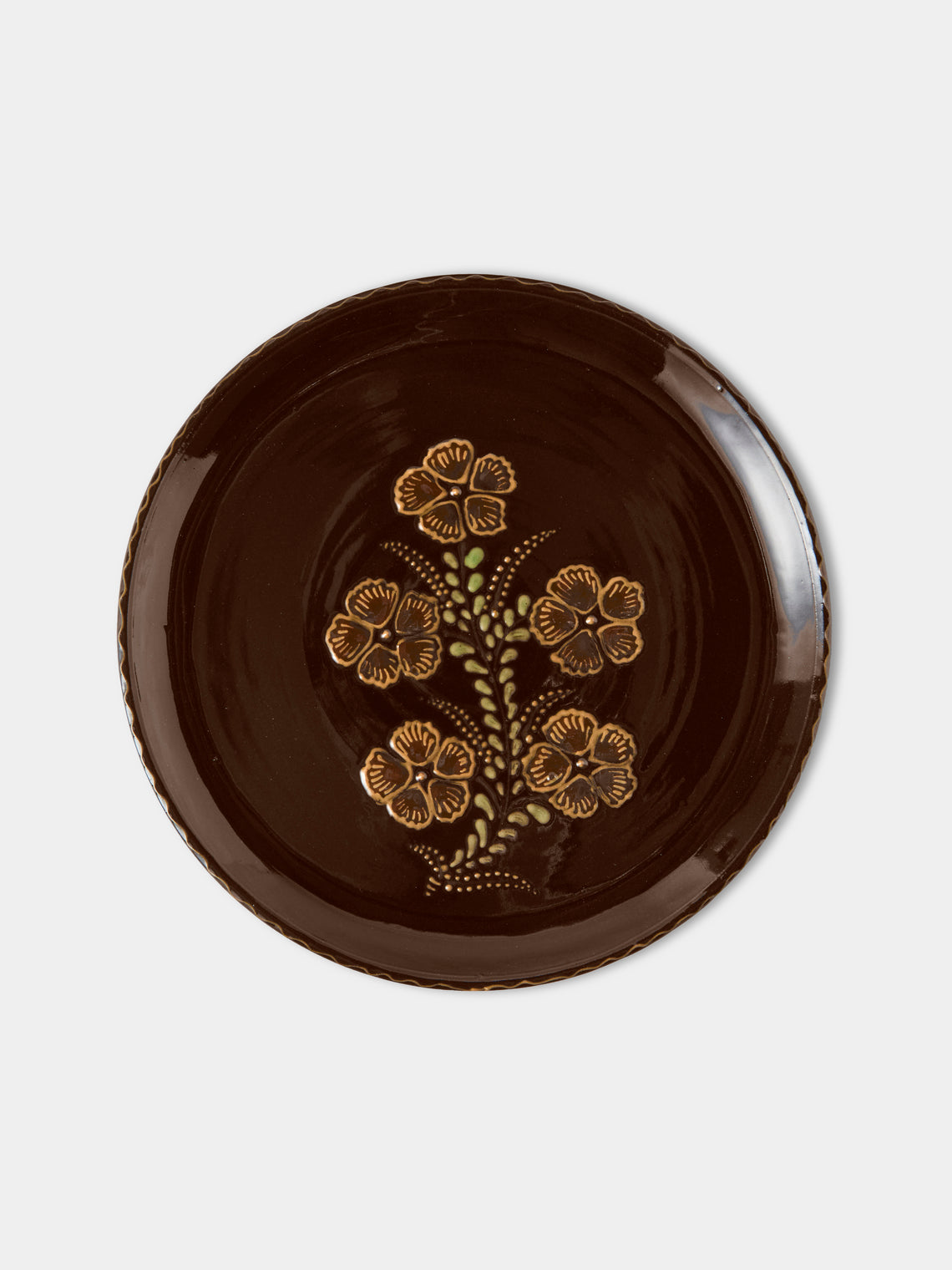 Poterie d’Évires - Flowers Hand-Painted Ceramic Dinner Plates – 9.5in/24cm (Set of 4) - Dark Brown - ABASK