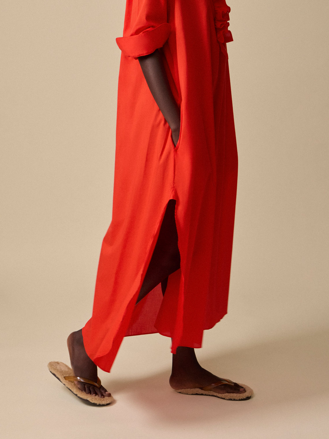 Sebline - Women's Ruffle Cotton Shirt Dress | Size: S - Red - ABASK