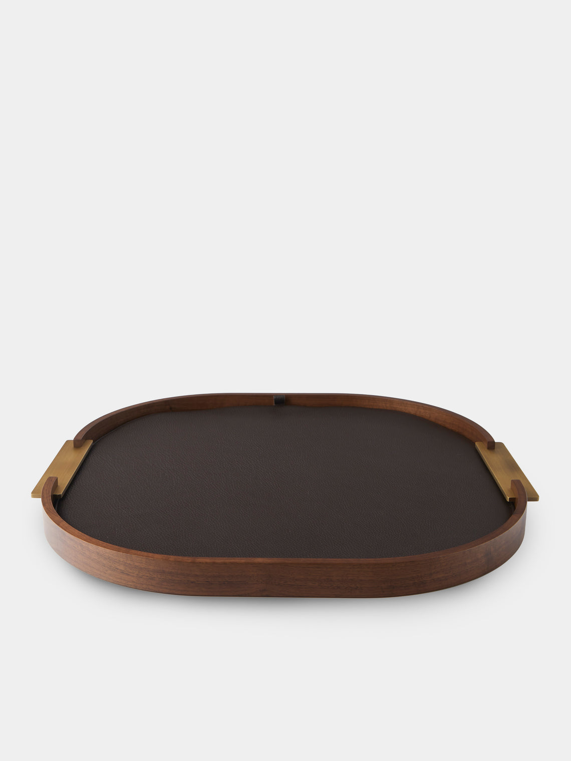 Riviere - Dama Walnut and Leather Round Tray (25in/64cm) - Brown - ABASK