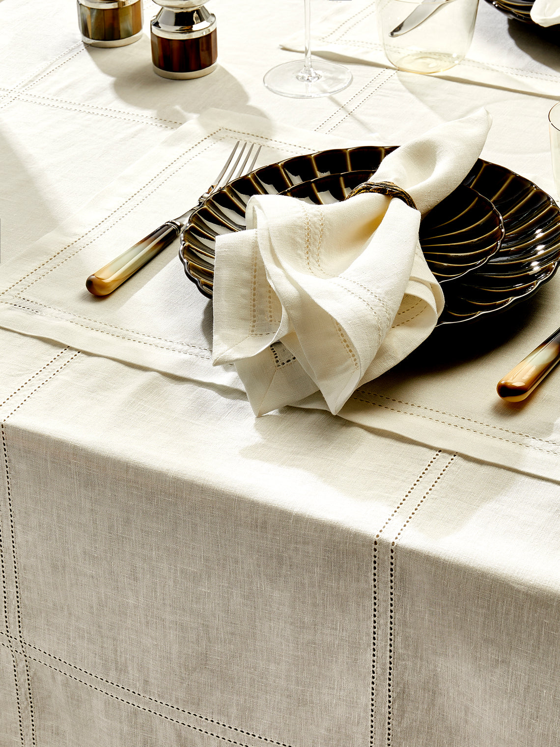 Volga Linen - Double Hem-Stitch Linen Check Rectangular Tablecloth (110in/2.8m) - Ivory - ABASK