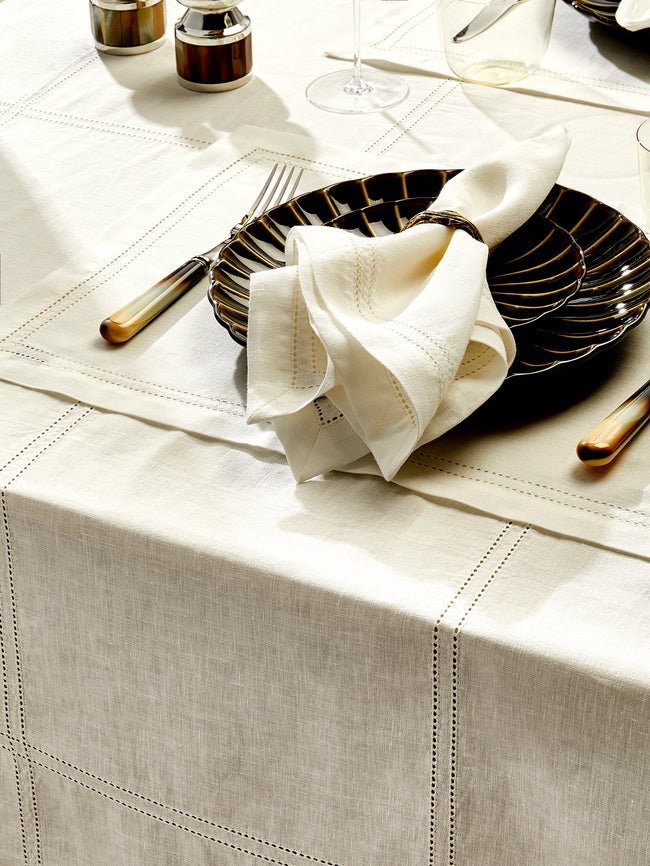 Volga Linen - Double Hem-Stitch Linen Check Rectangular Tablecloth (110in/2.8m) - Ivory - ABASK