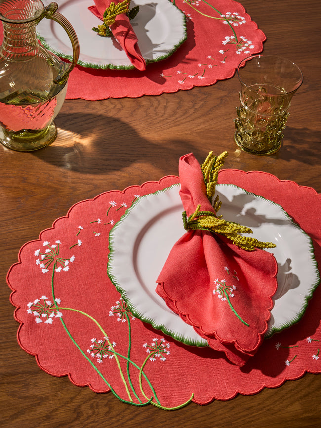 Taf Firenze - | Set of 6 | Floral Hand-Embroidered Linen Placemats and Napkins - Red - ABASK