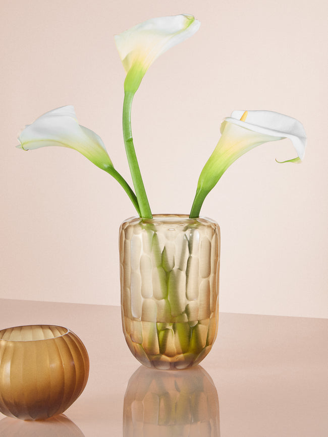 Micheluzzi Glass - Rullo Miele Bamboo Hand-Blown Murano Glass Vase (8.5in/22cm) - Yellow - ABASK