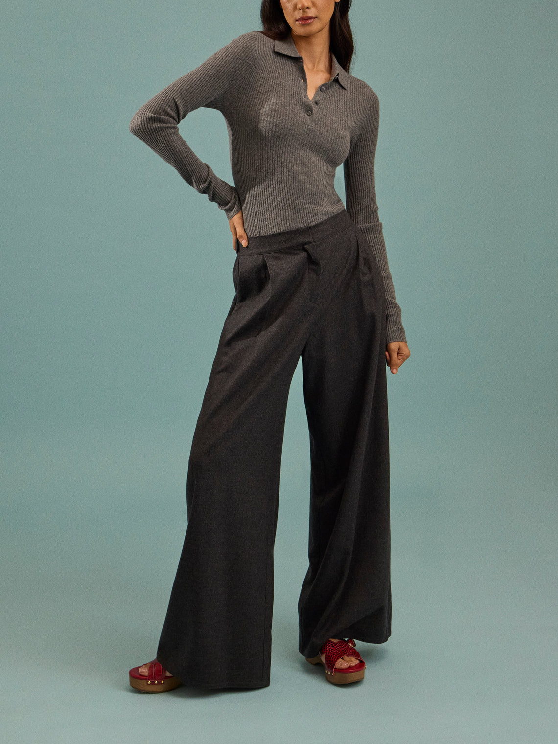Dusan - Flanella Wool Wide-Leg Trousers | Size: S - Gray - ABASK