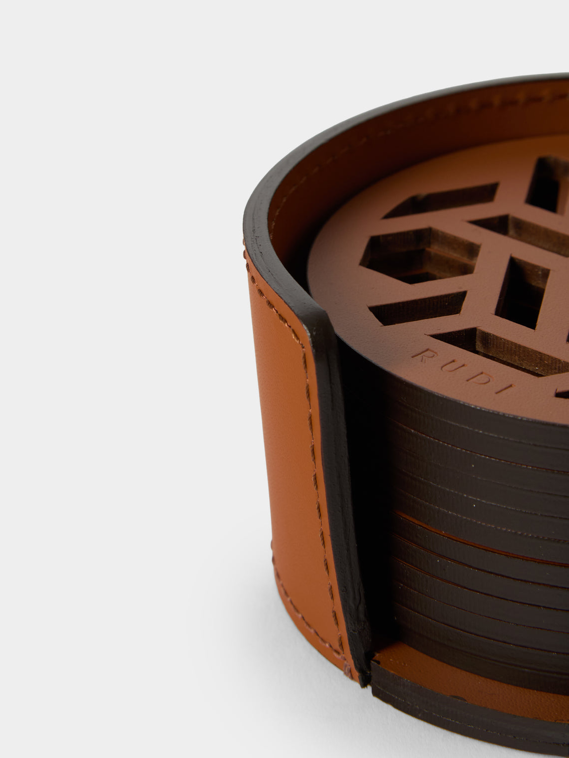 RUDI - | Set of 12 | Acquerello Leather Coasters with Holder - Tan - ABASK