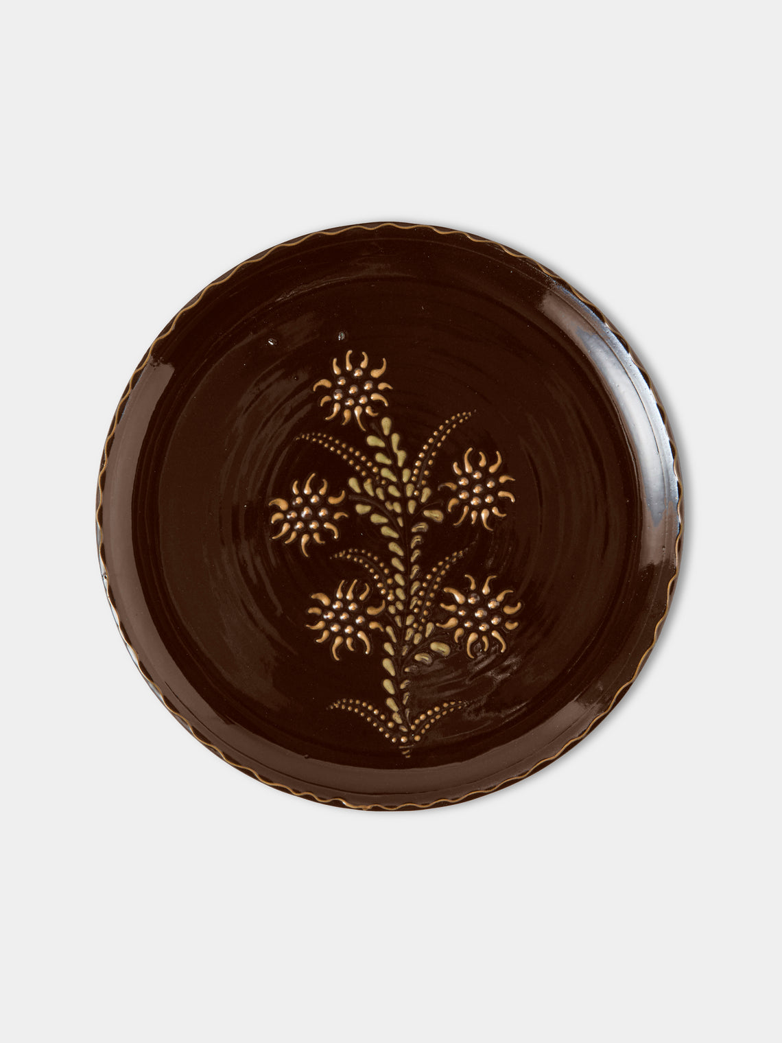 Poterie d’Évires - Flowers Hand-Painted Ceramic Dinner Plates – 9.5in/24cm (Set of 4) - Dark Brown - ABASK