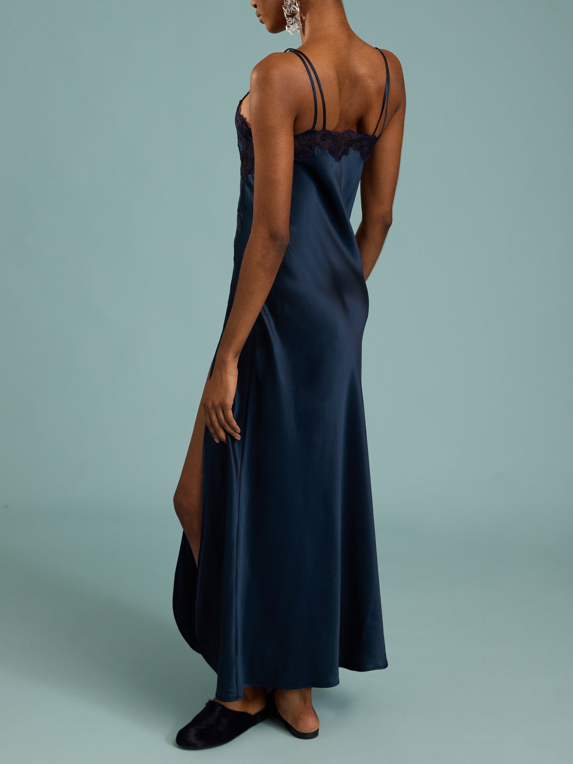 Loretta Caponi - Giadeite Silk and Lace Long Dress | Size: XS - Navy - ABASK