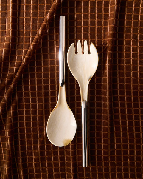 San Lorenzo - 1979 Afra and Tobia Scarpa Sterling Silver and Horn Salad Servers (Set of 2) - Silver - ABASK