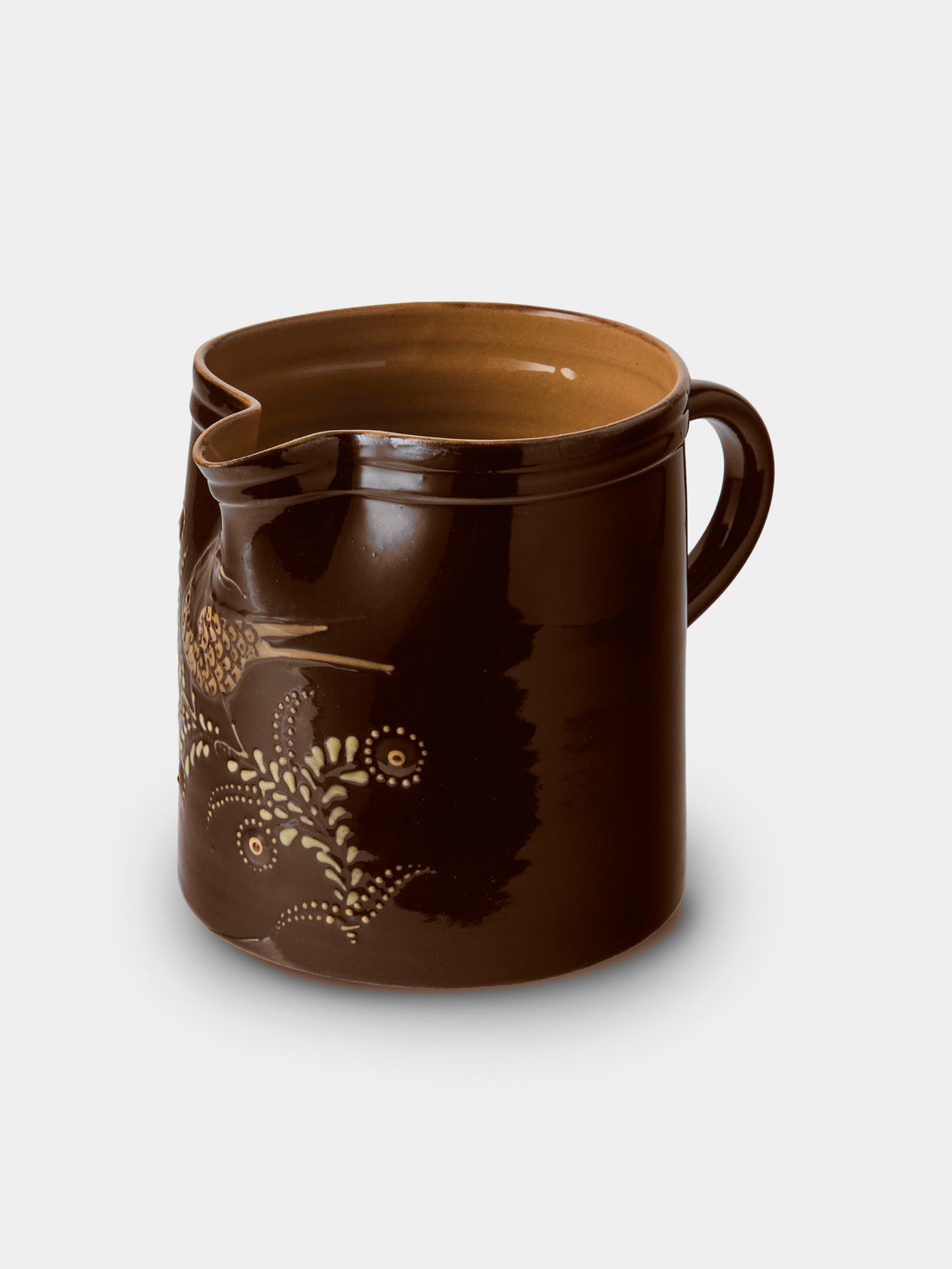 Poterie d’Évires - Birds Hand-Painted Ceramic Straight-Edge Medium Jug - Dark Brown - ABASK - 