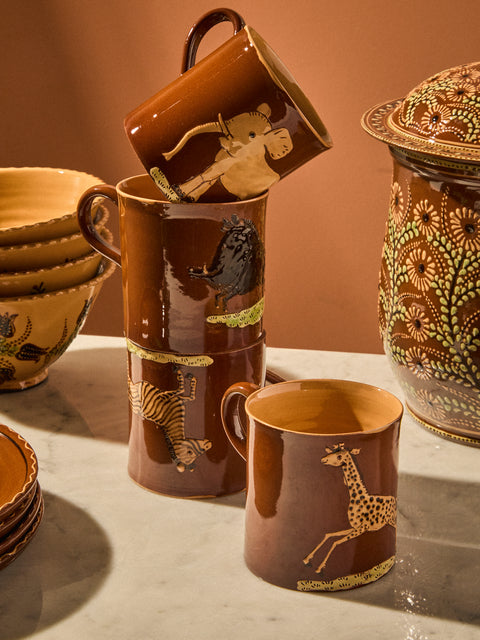 Poterie d’Évires - Animals Hand-Painted Ceramic Mugs (Set of 4) - Light Brown - ABASK