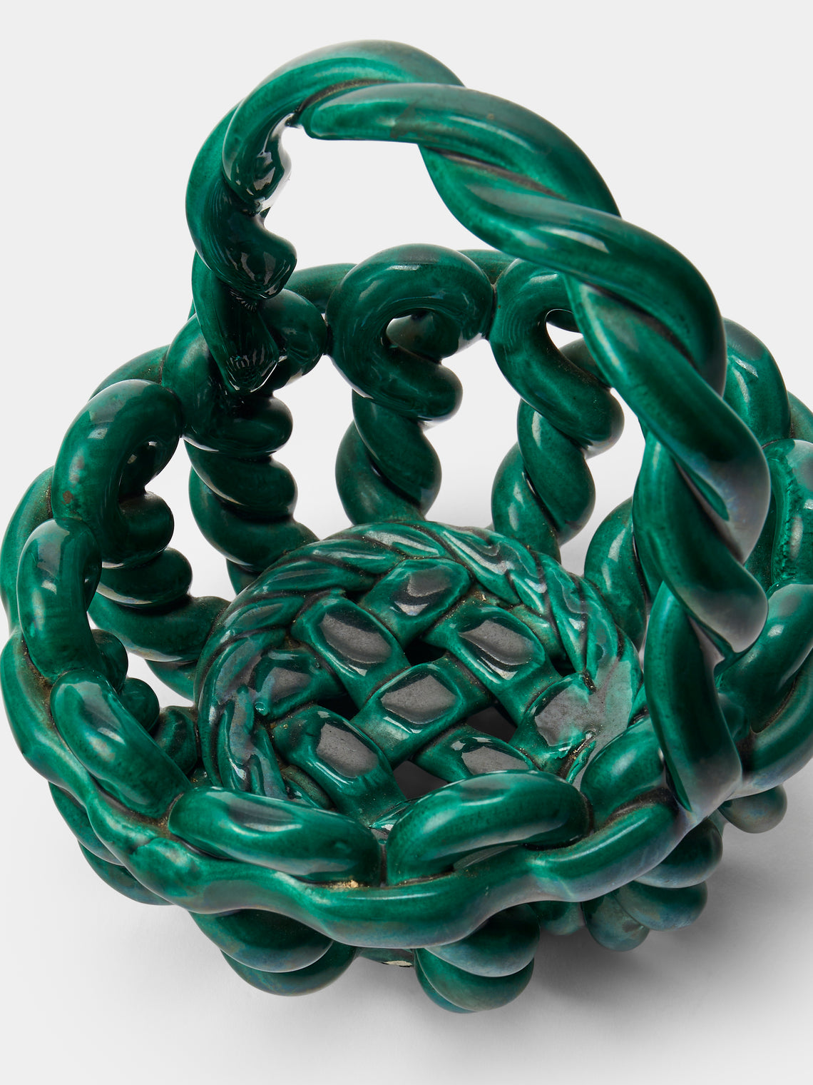 Antique and Vintage - Mid-Century Woven Ceramic Basket - Green - ABASK