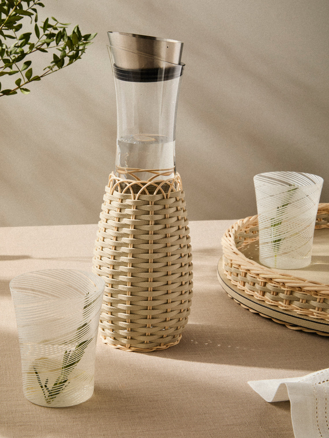 Pigment France - Dijon Leather and Rattan Carafe with Pourer - Cream - ABASK