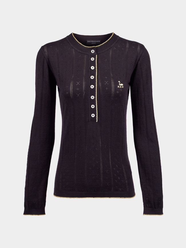 B.B. Wallace - Piper Cotton Pointelle Henley Long-Sleeved T-Shirt | Size: S - Black - ABASK - 