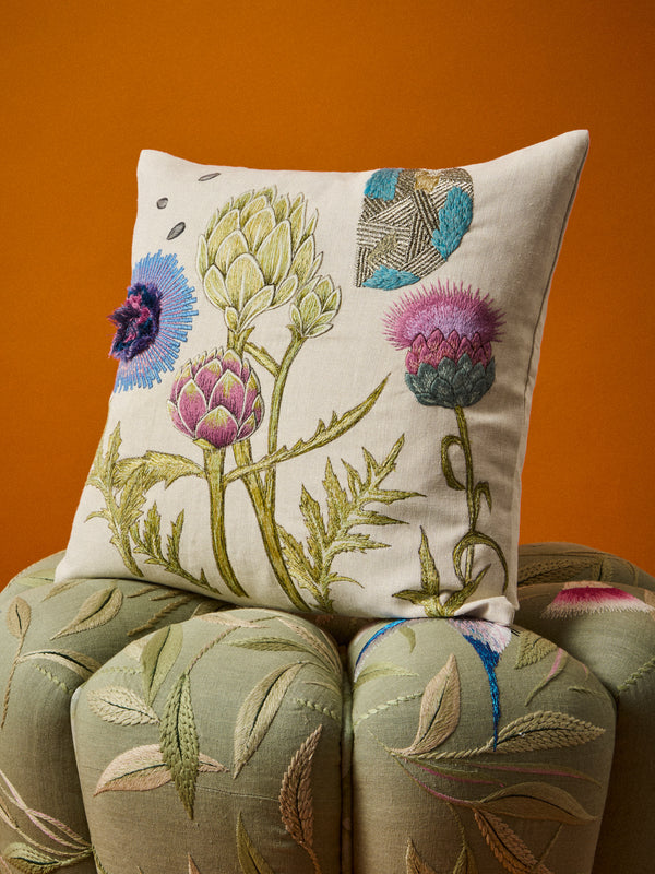 Bokja - Avocado Moon Deep Embroidered Linen Cushion (17.5in/45cm) - Multiple - ABASK