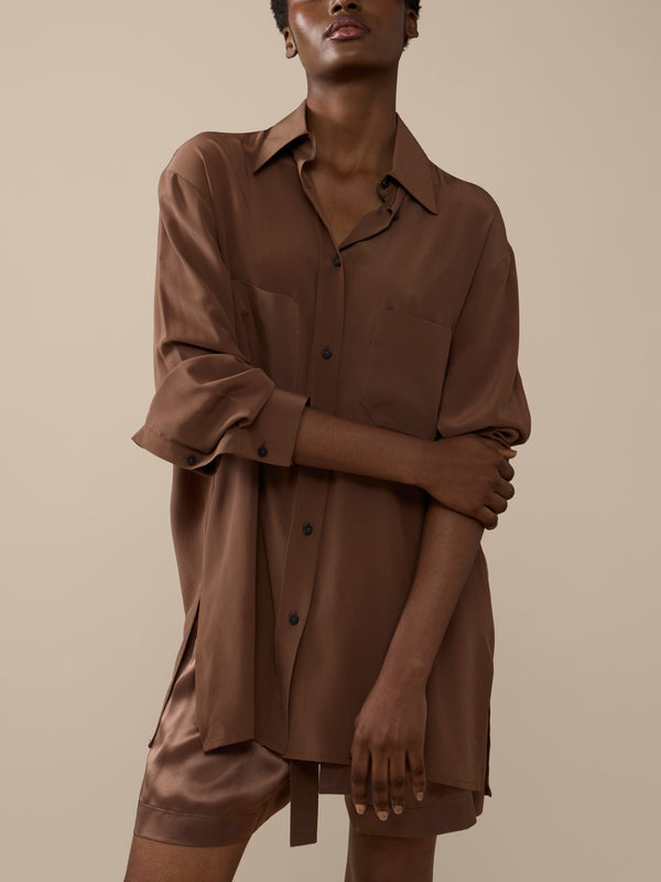 Dusan - Silk Boyfriend Shirt | One Size - Brown - ABASK