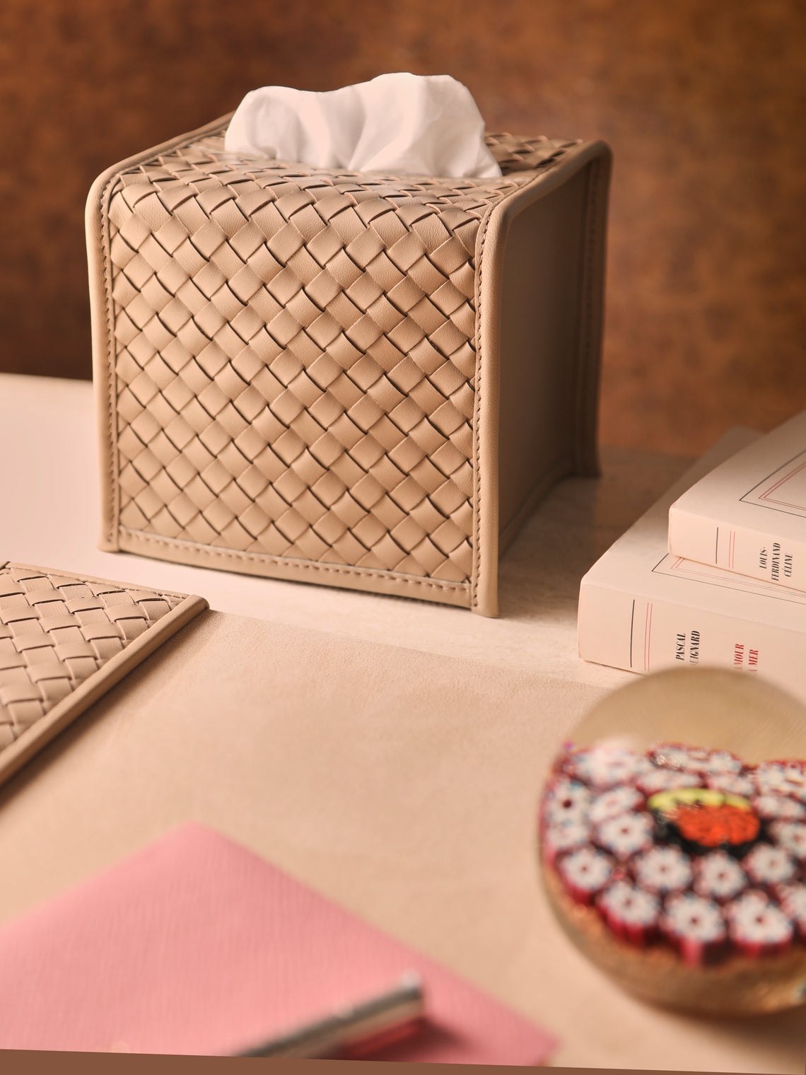 Riviere - Woven Leather Tissue Box - Taupe - ABASK