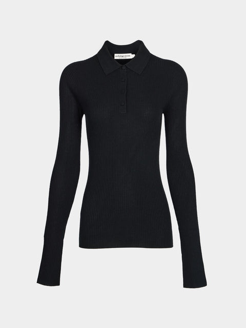 Arch4 - Nightingale Baby Goat Cashmere Long-Sleeved Polo Top | Size: S - Black - ABASK - 
