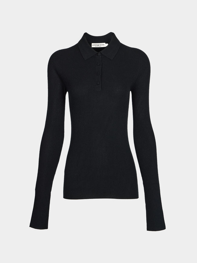 Arch4 - Nightingale Baby Goat Cashmere Long-Sleeved Polo Top | Size: S - Black - ABASK - 