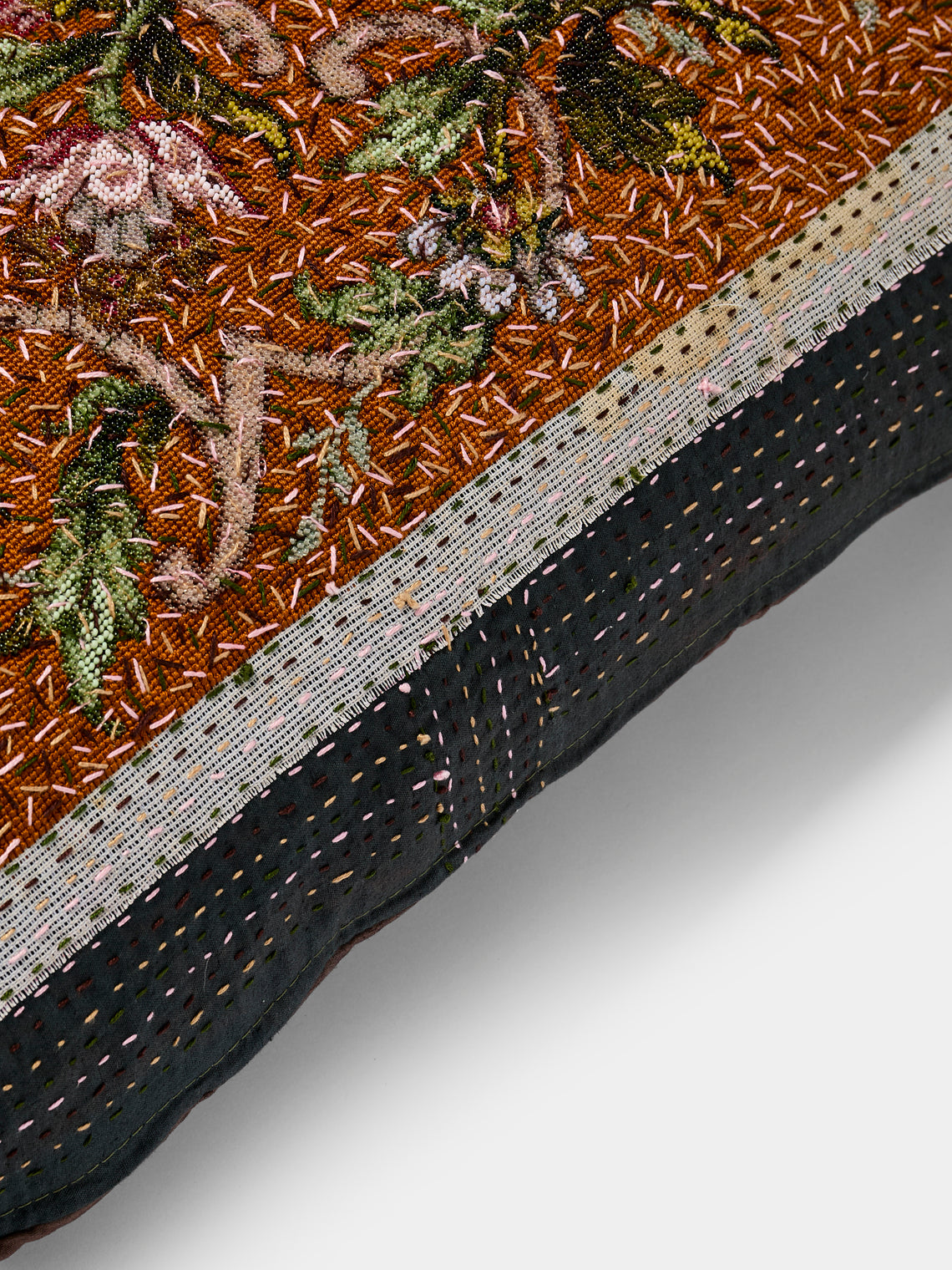 By Walid - 19th-Century Needlepoint Wool and Damask Pillow (53in/1.35m) - Multiple - ABASK