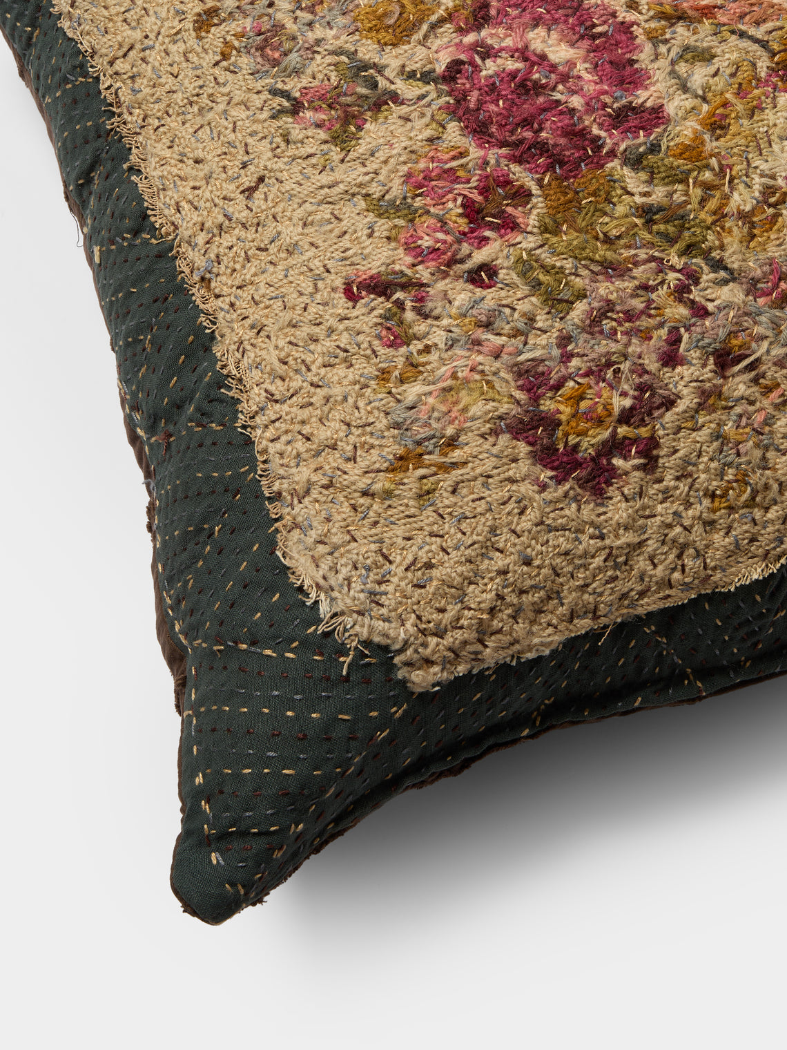 By Walid - 19th-Century Victorian Needlepoint Patchwork Wool and Cotton Cushion (19.5in/50cm) - Multiple - ABASK