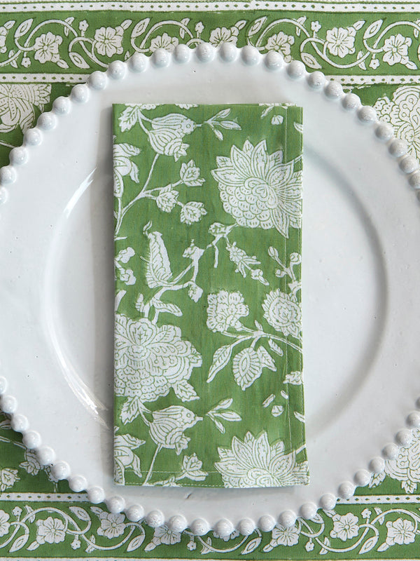 Chamois - Indian Rose Block-Printed Linen Napkins (Set of 4) - Green - ABASK