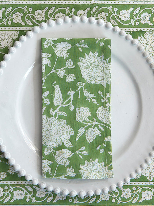 Chamois - Indian Rose Block-Printed Linen Napkins (Set of 4) - Green - ABASK