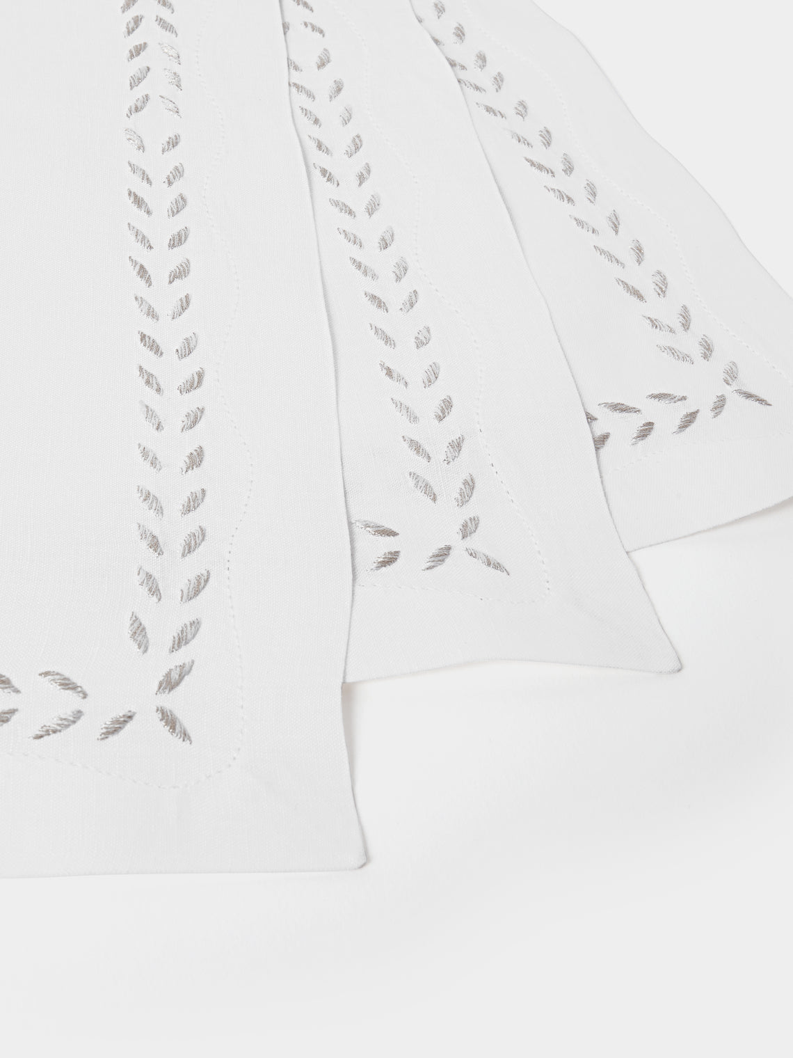 ERI Textiles - | Set of 4 | Marie Silver Hand-Embroidered Linen Napkins - White - ABASK