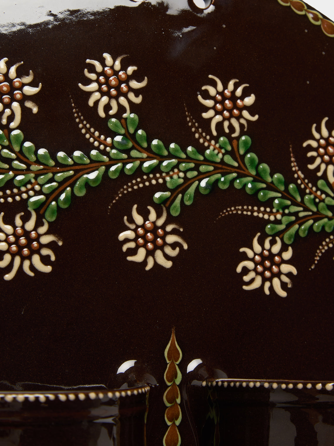 Poterie d’Évires - Flowers and Hearts Hand-Painted Ceramic Double Utensil Holder - Dark brown - ABASK