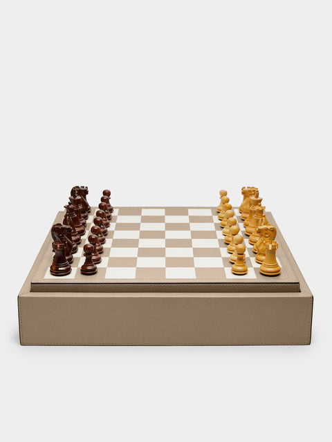 Giobagnara - Leather Triple Checkers, Chess and Dominoes Compendium - Taupe - ABASK - 