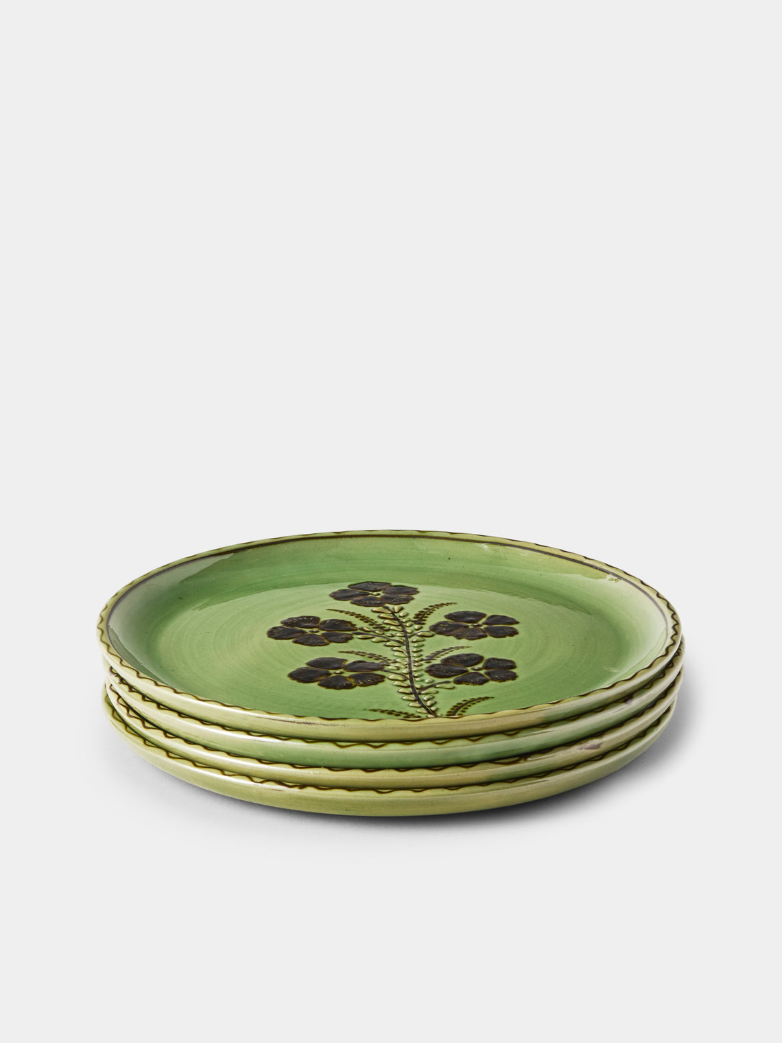 Poterie d’Évires - Flowers Hand-Painted Ceramic Dinner Plates – 9.5in/24cm (Set of 4) - Green - ABASK
