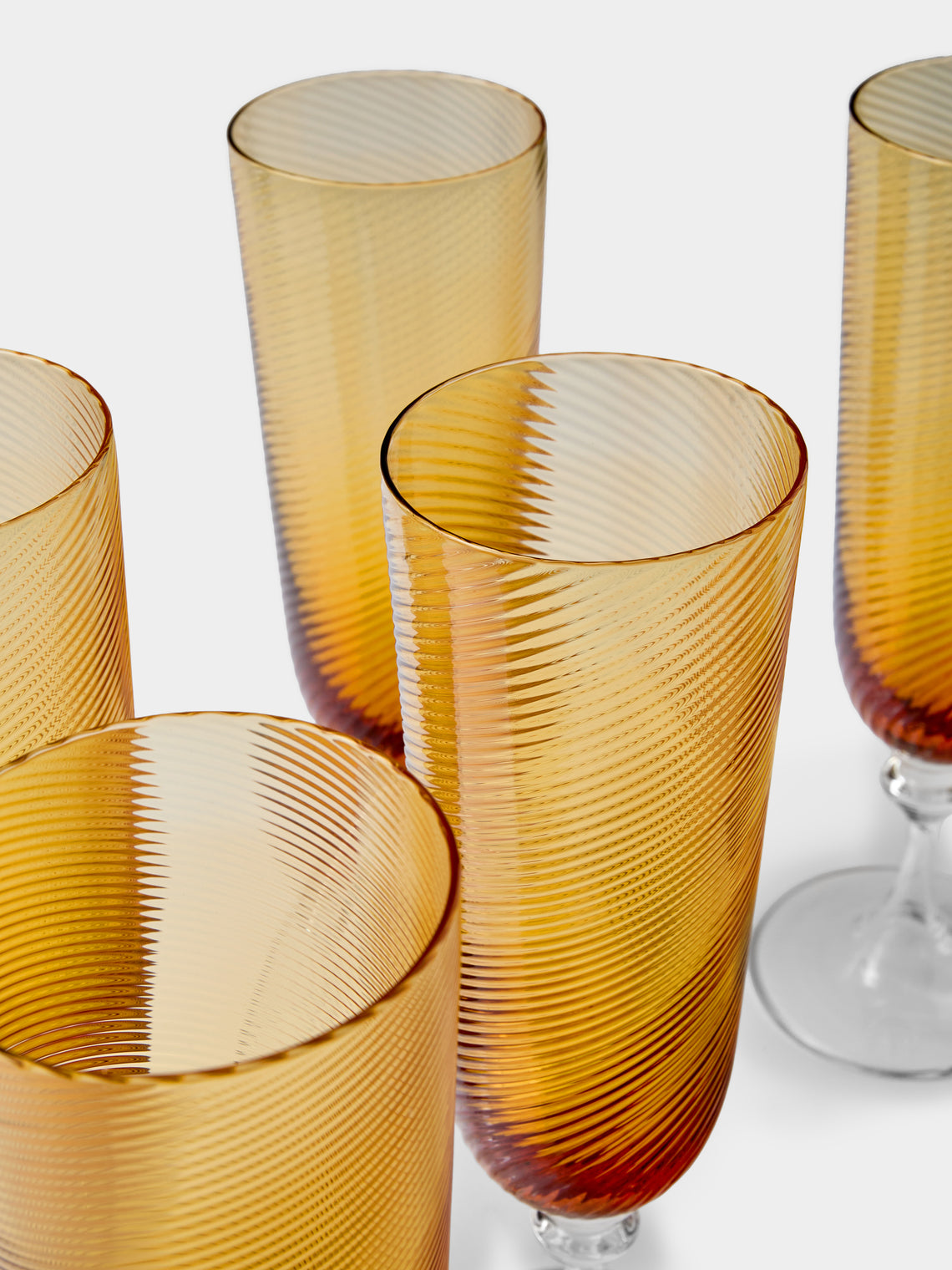NasonMoretti - | Set of 6 | Twisted Ambra Hand-Blown Murano Glass Champagne Flutes - Yellow - ABASK