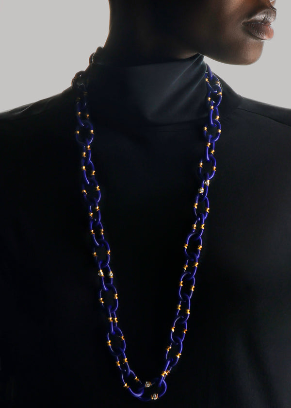 Mahnaz Collection - Vintage 1960s Archimede Seguso Murano Glass, Rhinestone and Gilt Brass Necklace - Blue - ABASK