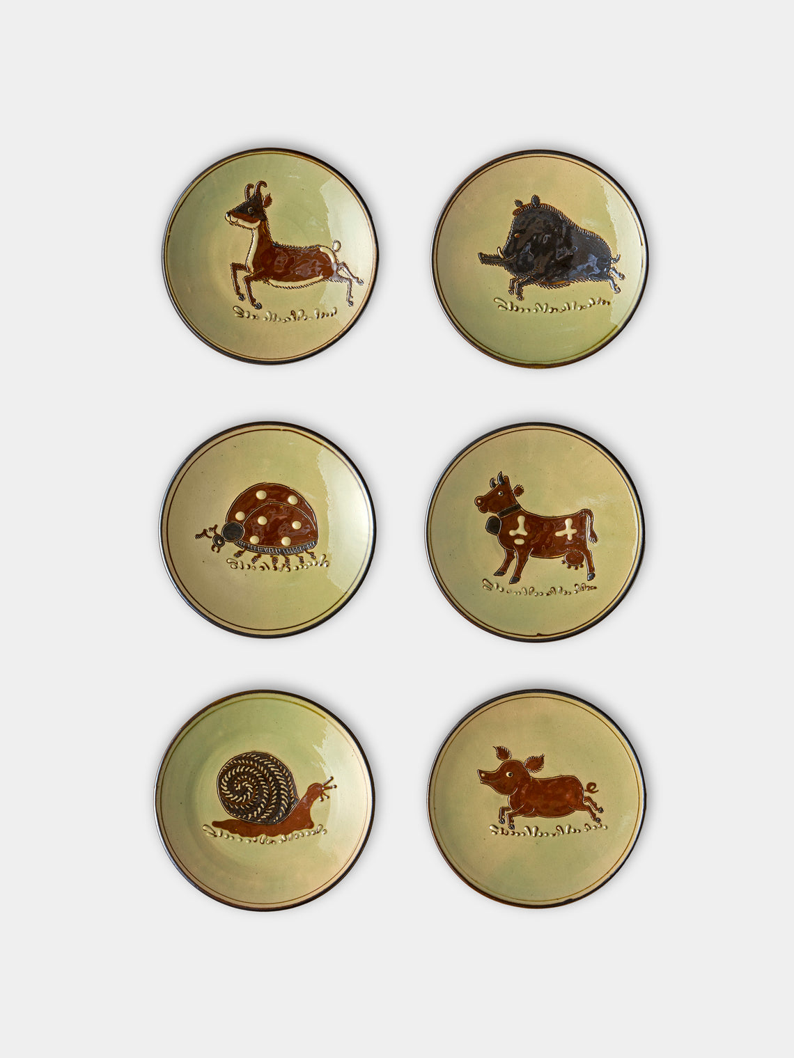 Poterie d’Évires - Animals Hand-Painted Ceramic Small Raised Plates (Set of 6) - Green - ABASK