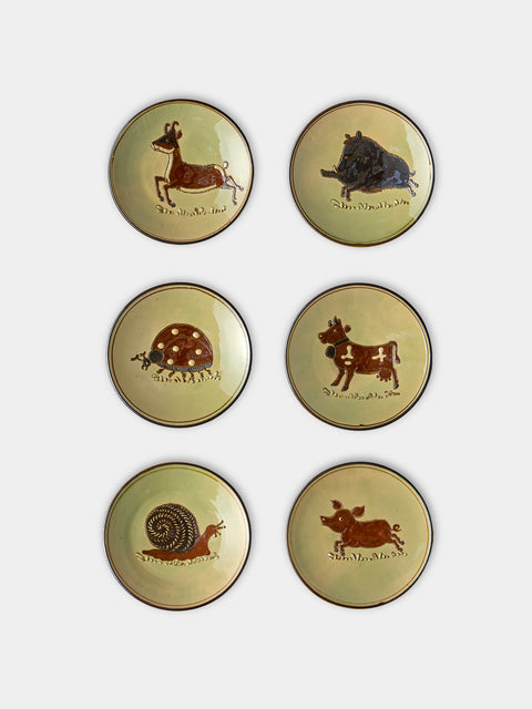 Poterie d’Évires - Animals Hand-Painted Ceramic Small Raised Plates (Set of 6) - Green - ABASK