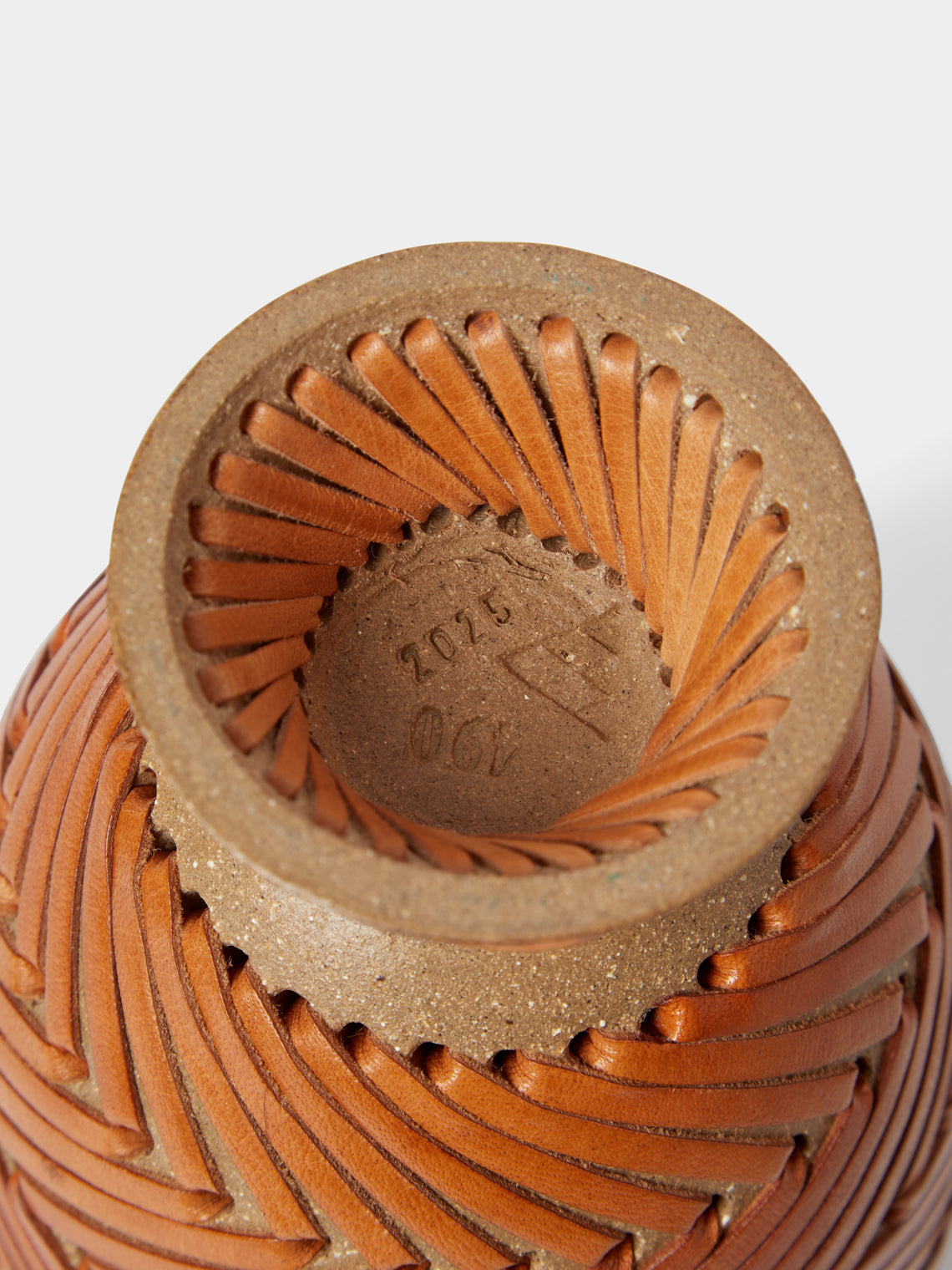 Silver Sentimenti - Gladiator Stoneware and Leather Vase (8.5in/22cm) - Orange - ABASK