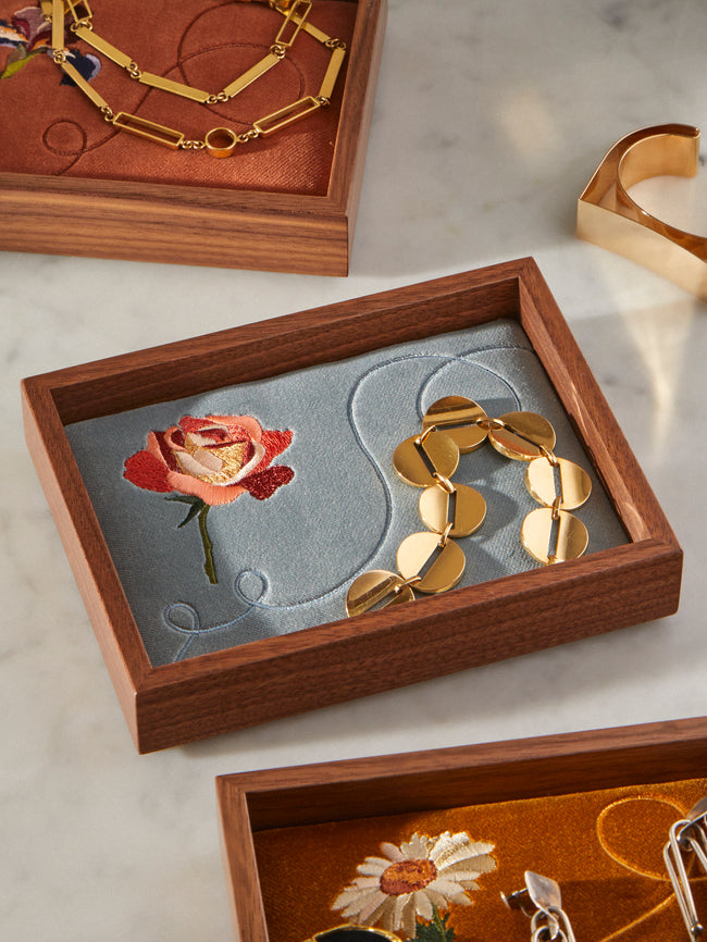 Uncommon Ancestor - Floriography Rose Embroidered Velvet Jewelry Tray (6.5in/17cm) - Light Blue - ABASK