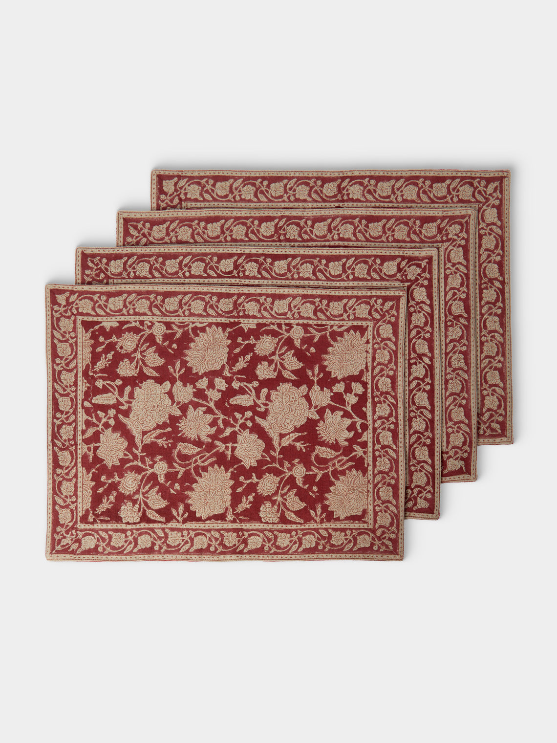 Chamois - | Set of 4 | Indian Rose Block-Printed Linen Placemats - Red - ABASK - 