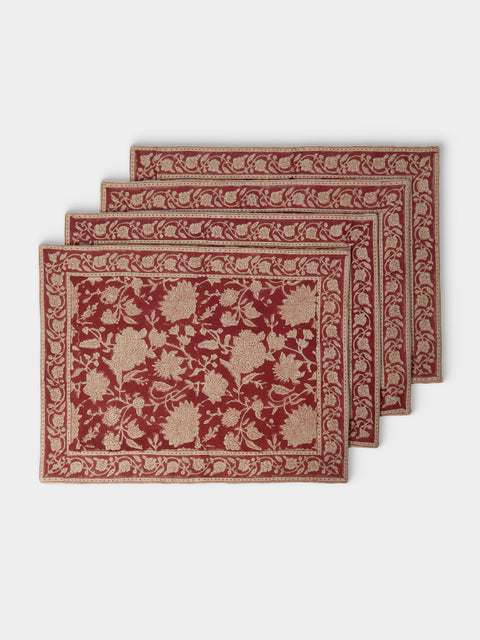 Chamois - | Set of 4 | Indian Rose Block-Printed Linen Placemats - Red - ABASK - 