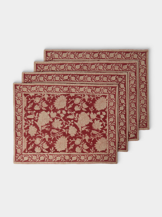 Chamois - | Set of 4 | Indian Rose Block-Printed Linen Placemats - Red - ABASK - 