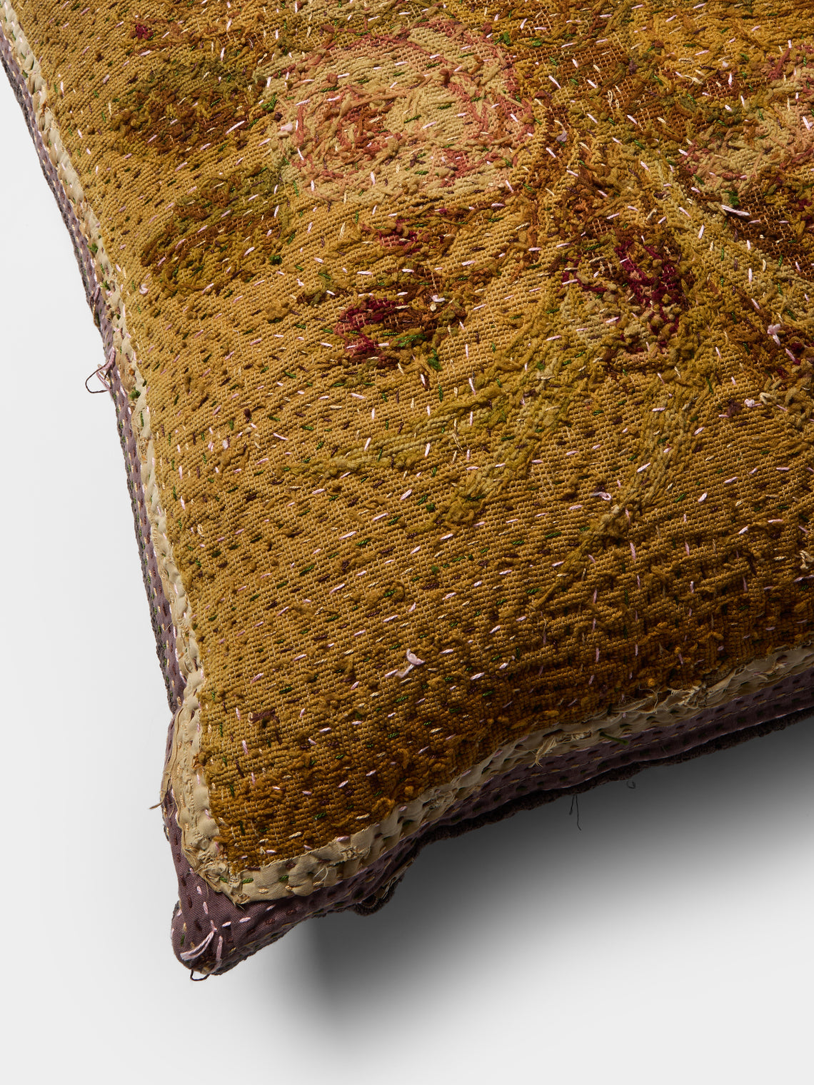 By Walid - 19th-Century Needlepoint Wool, Lace and Damask Cushion (32.5in/83cm) - Yellow - ABASK