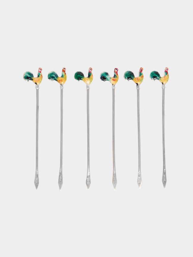 Antique and Vintage - 1927 Cockerel Enamelled Sterling Silver Cocktail Picks (Set of 6) -  - ABASK - 
