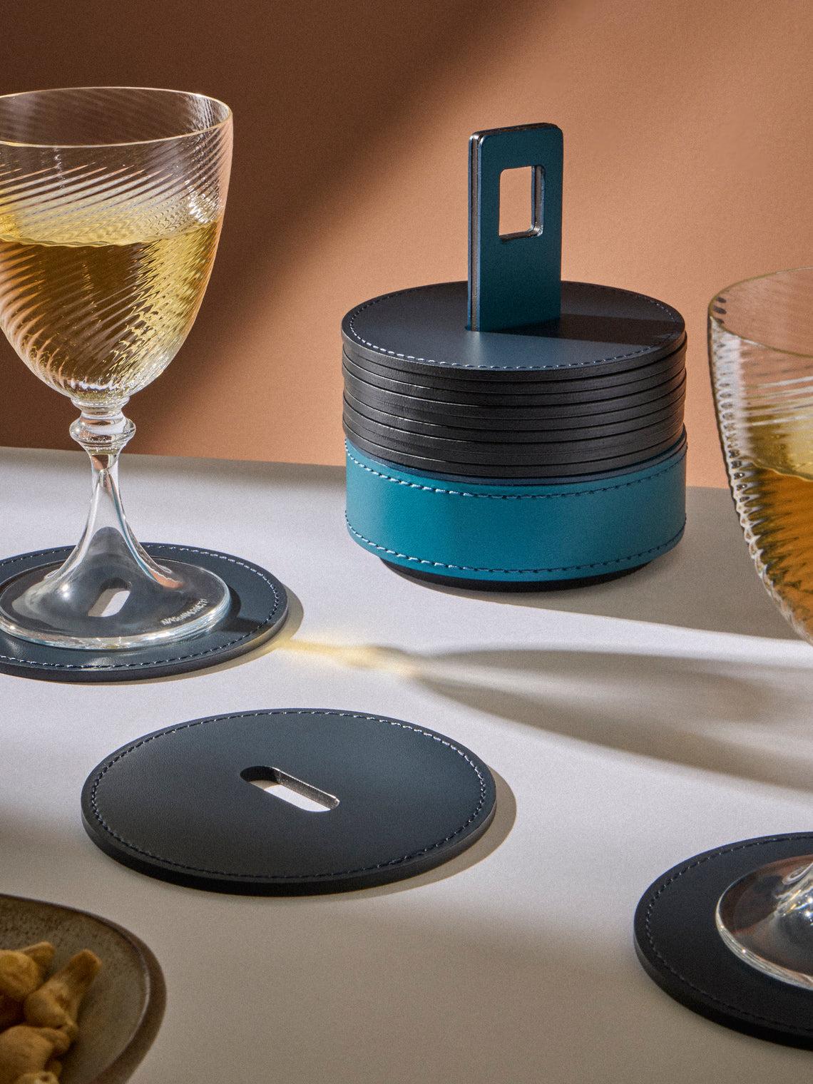 RUDI - | Set of 12 | Nautilus Leather Coasters with Holder - Blue - ABASK