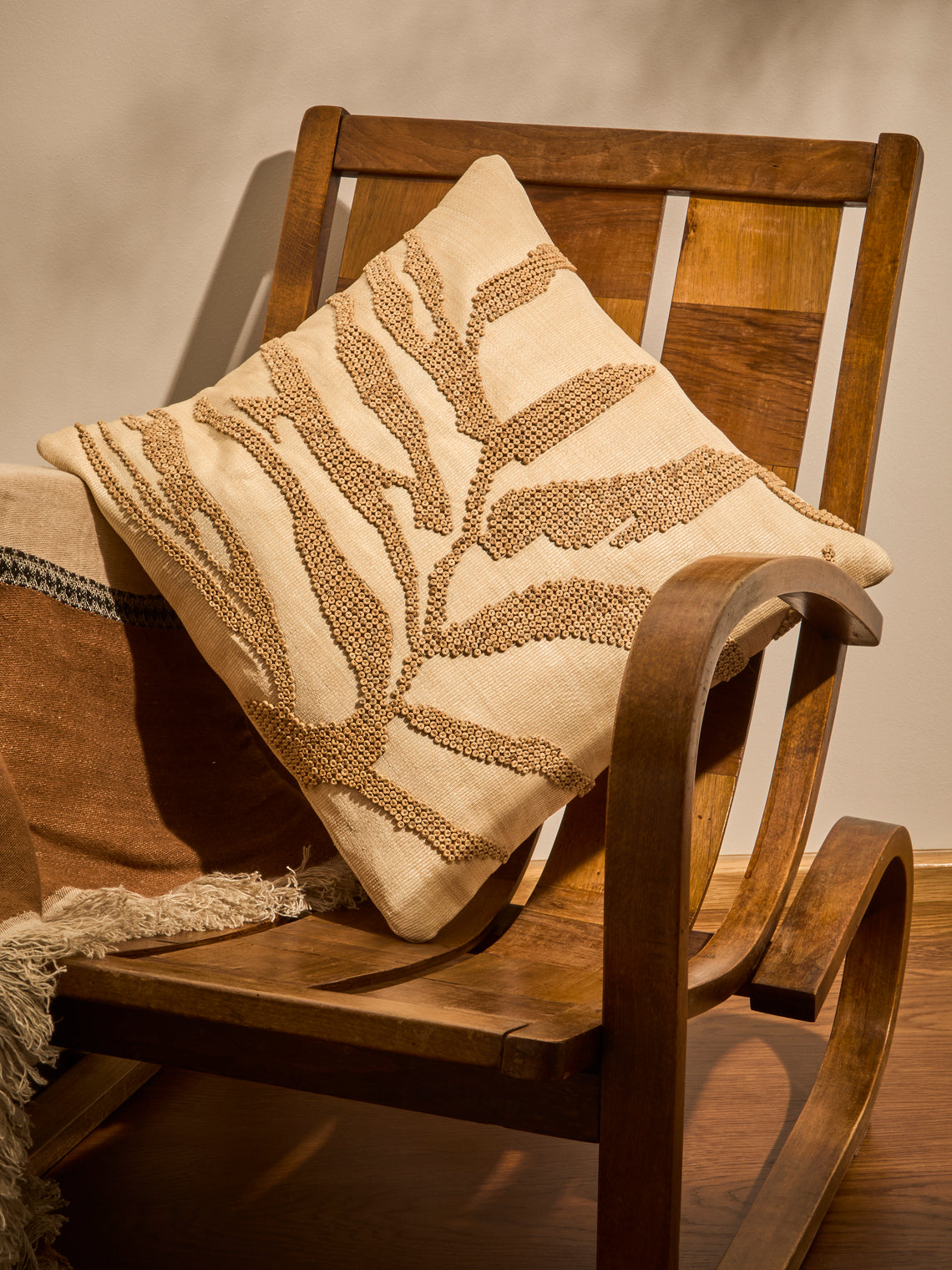 Kubo Curated - Leaves Beaded T'nalak Cloth Cushion (17.5in/45cm) - Beige - ABASK