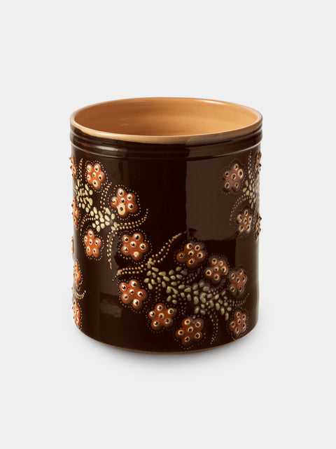 Poterie d’Évires - Flowers Hand-Painted Ceramic Utensil Pot - Dark Brown - ABASK - 