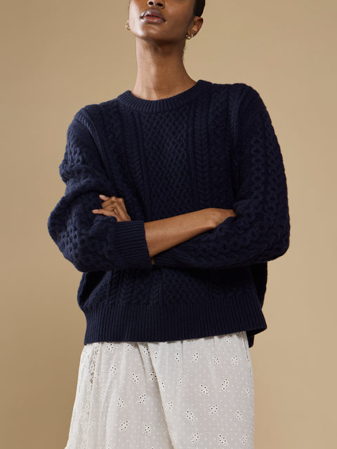 Ryan Roche - Cashmere Cable-Knit Crew-Neck Sweater - Navy - ABASK