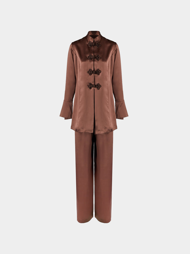 Loretta Caponi - Azalea Silk Pajama Set | Size: XS - Brown - ABASK - 