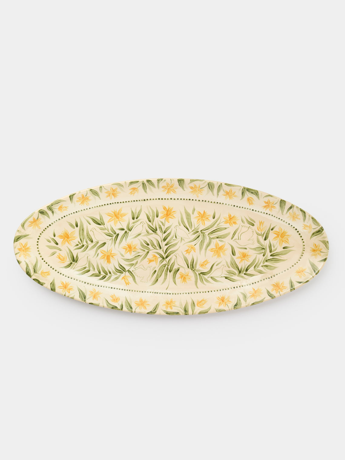 Rosanna Corfe - Doves and Daffodils Hand-Painted Ceramic Large Oval Platter - Cream - ABASK - 