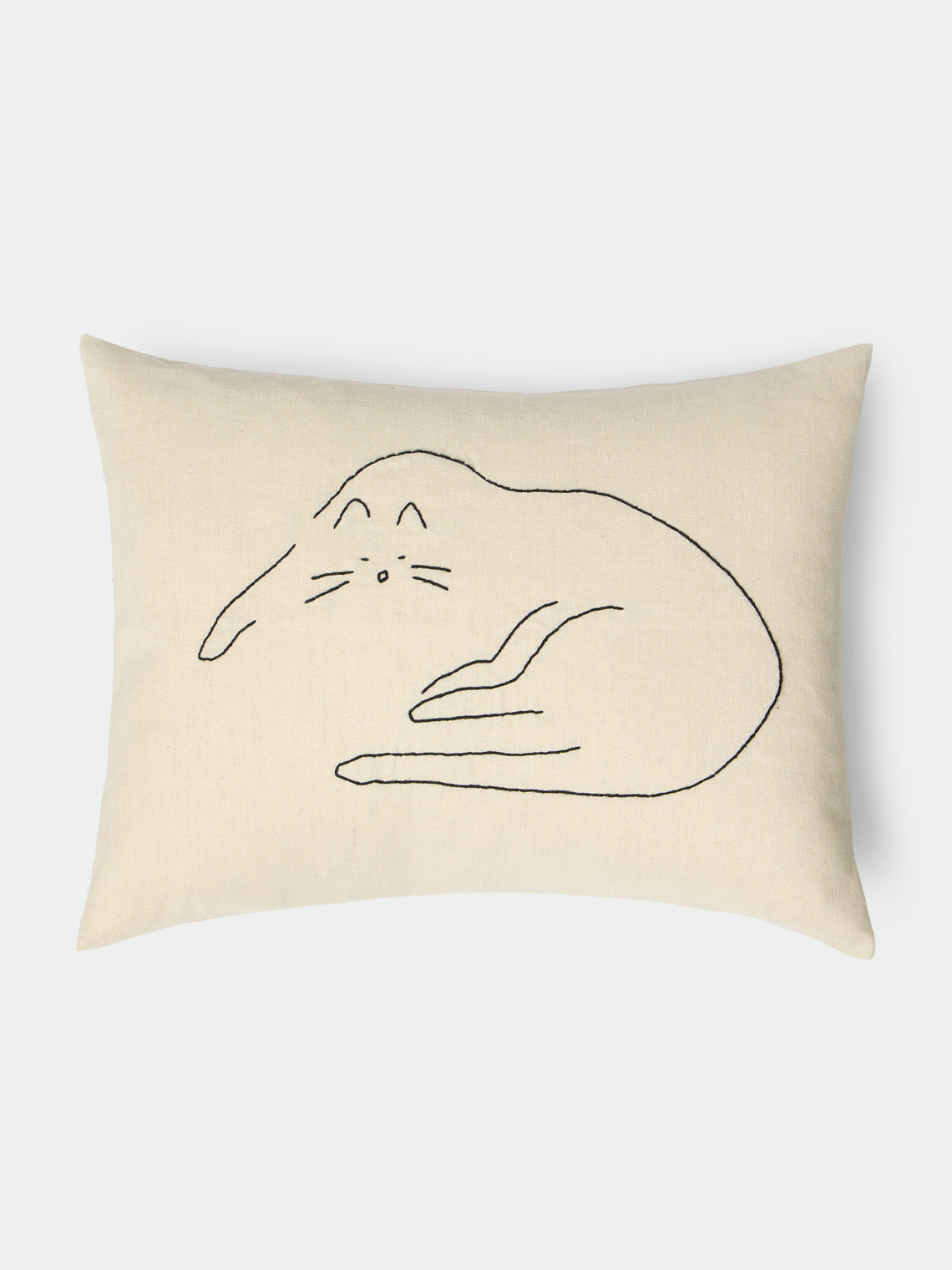 Oeuvres Sensibles - Cat Hand-Embroidered Cotton and Hemp Cushion (15.5in/40cm) - Cream - ABASK - 