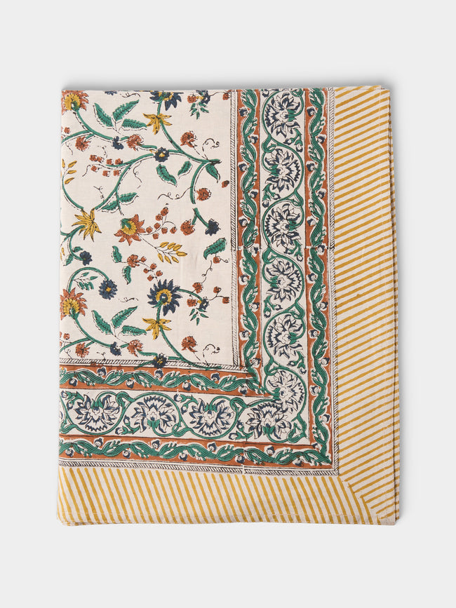 Chamois - Samode Block-Printed Cotton Rectangular Tablecloth (106in/2.7m) - Yellow - ABASK - 