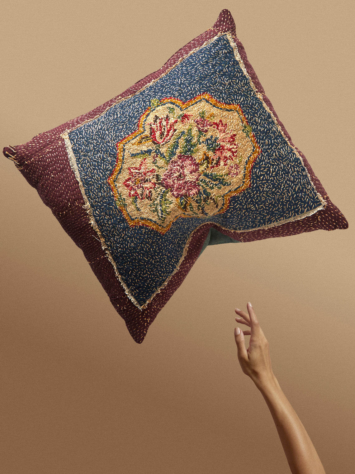 By Walid - 19th-Century Napoleon III Needlepoint Wool and Linen Cushion (23in/58cm) - Multiple - ABASK